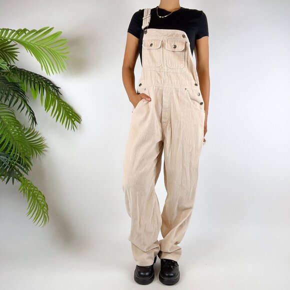 Vintage 90s Cream Indie Cottagecore Granola Girl Corduroy Cargo Overalls / Sz: M - Picture 6 of 8